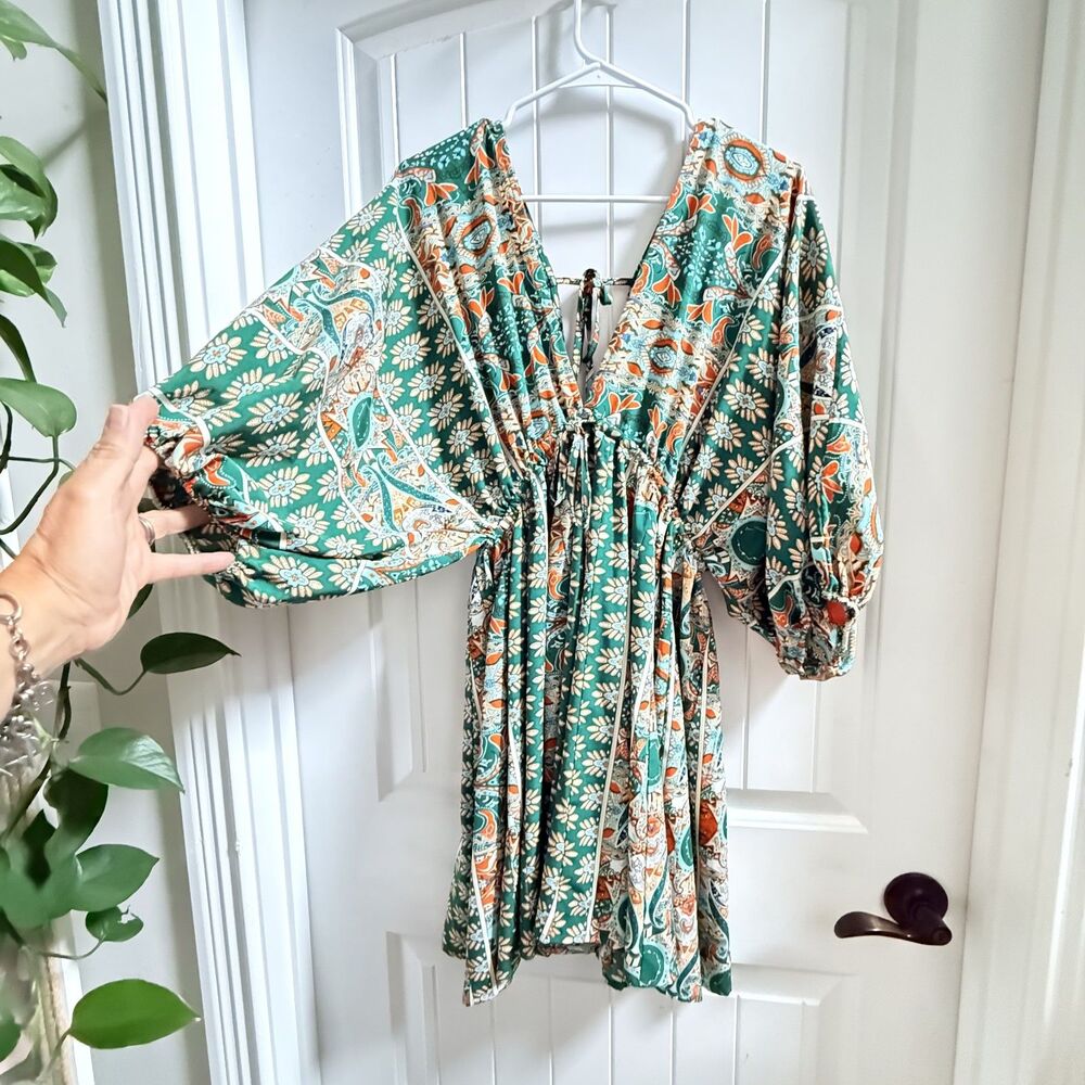 CUPSHE Boho Paisley Floral Mini Dress Balloon Sleeve Green Orange Women’s M